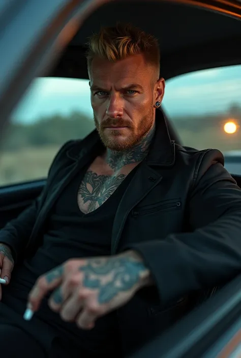  A muscular blond man tattooed in a black jacket and black shirt inside with a thin beard, sitting inside a car with a cigarette in hand with an intense look at modern realistic 8K ultra HD image 