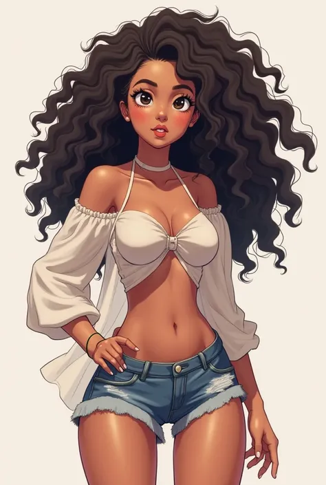 Believe me a young girl with curly hair type 3B,  with black eyes ,  brown skin, your face must be completely beautiful,  with big breasts, Big butt and beautiful body ,  which shows off with a strappy blouse and a short. You must do it in anime style. 