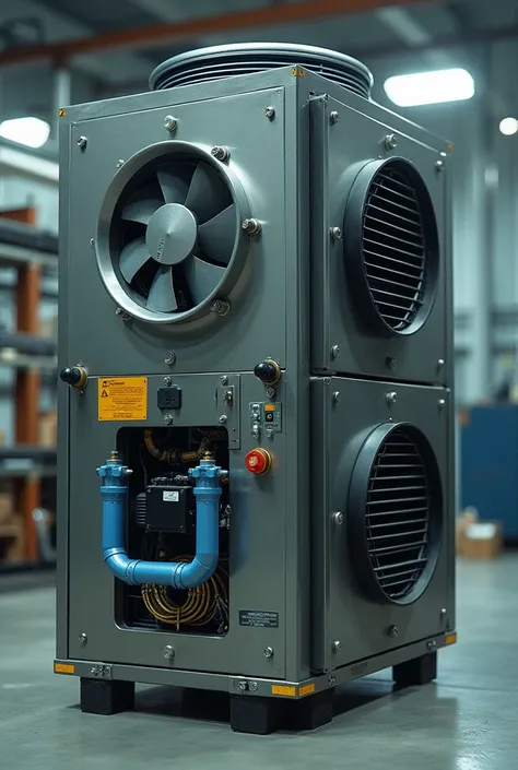 A box with an air intake fan, cooling coils and two water pipes 