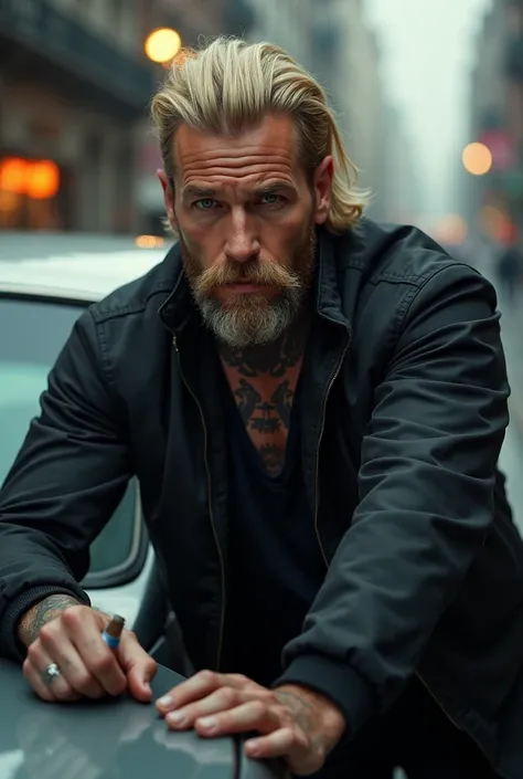  a 30-year-old muscular man , Large-sized tattooed blonde in a black jacket and black shirt with a thinned beard, touching a car with a cigarette in hand with an intense look modern realistic 8K ultra HD image 