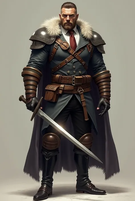 Handsome man with short brown hair with a short beard, tall and stocky, wearing armor with a suit with a tie underneath, holding a sword. 