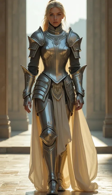 (8K, best quality:1.2), (masterpiece:1.37), (photo, photorealistic:1.37), (ultrahigh-res), full body, walking pose, shot from front, slow motion, female paladin wearing the full body, (light silver armour:1.2),(ornately decorated armor), (insanely detailed...