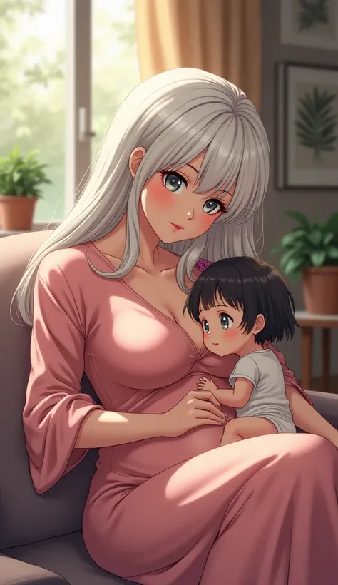  Create an anime-version image of a mother with long white hair , large breasts , fair skin and gray eyes  ,  watching television in the living room with her dark-haired baby daughter,  fair skin and dark blue eyes 