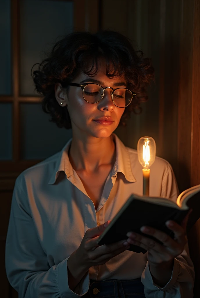 Short curly hair wearing light-framed glasses holding a bible in one hand and a lamp in the other 