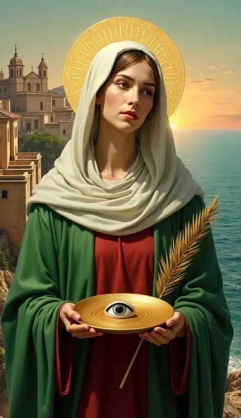 A hyper-realistic scene of Santa Luzia, represented as a young woman with a serene expression and contemplative gaze. She wears a vibrant green cloak over a deep red tunic, with a white veil that covers her head and falls softly over her shoulders. Her del...