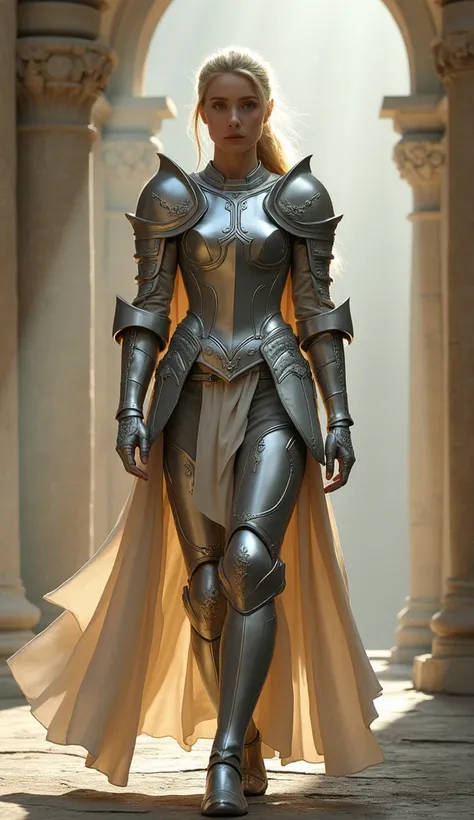 (8K, best quality:1.2), (masterpiece:1.37), (photo, photorealistic:1.37), (ultrahigh-res), full body, walking pose, shot from front, slow motion, female paladin wearing the full body, (light silver armour:1.2),(ornately decorated armor), (insanely detailed...