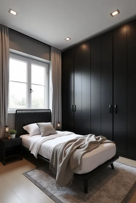 photo of a 3D bedroom with a SINGLE bed,  with a central headboard on the wall from the floor to the ceiling WITH BLACK SLATTED WOOD,with a 3-door wardrobe in black on the right side of the bed  ,and a window in the middle of the left wall with a Venetian ...