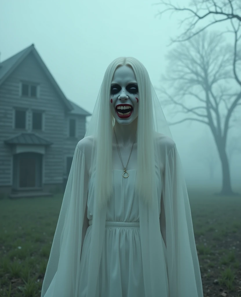 a ghost woman in all white with black eye sockets, sharp teeth, and red lipstick blending into the haunting fog near a home, nightmare, highest definition, highest detail, highest quality 