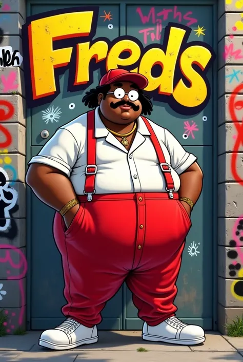 A vibrant, Pixar-inspired illustration of a overweight black man wearing a french red tam and red suspenders with baggy pants as hiphop dancers in the 70"s wore and a white collard shirt, white sneakers, posing confidently in a midst of a graffiti-covered,...