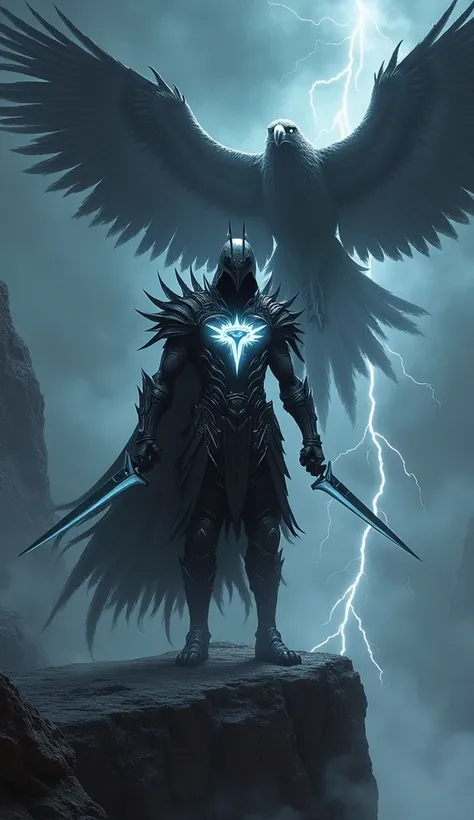 A shadowy eagle-themed warrior in sleek black and white armor, with sharp, angular feather designs on their shoulders and helmet. The Beşiktaş emblem glows faintly on their chest, surrounded by ghostly mist. The warrior wields dual shadow-infused talons, a...