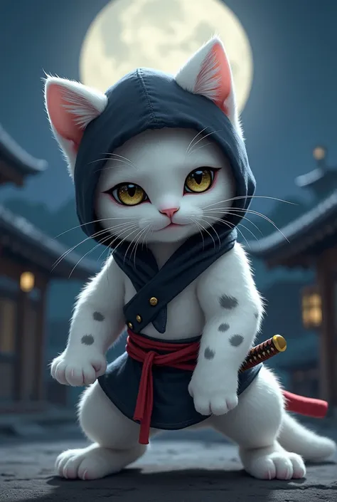  A white cat with gray spots distributed randomly across the body ,  as if they were marks of a warrior .  He is in a ninja pose , crouched and ready to attack ,  with sharp and shiny eyes ,  reflecting determination .  He wears a small black ninja hood th...