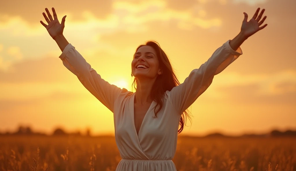 "A smiling woman, dressed in elegant clothes, symbolizing strength and dignity. She is standing in an open field at sunrise, with her arms raised, as if confident in the future. The sky is painted with golden and orange hues, representing God's promise."