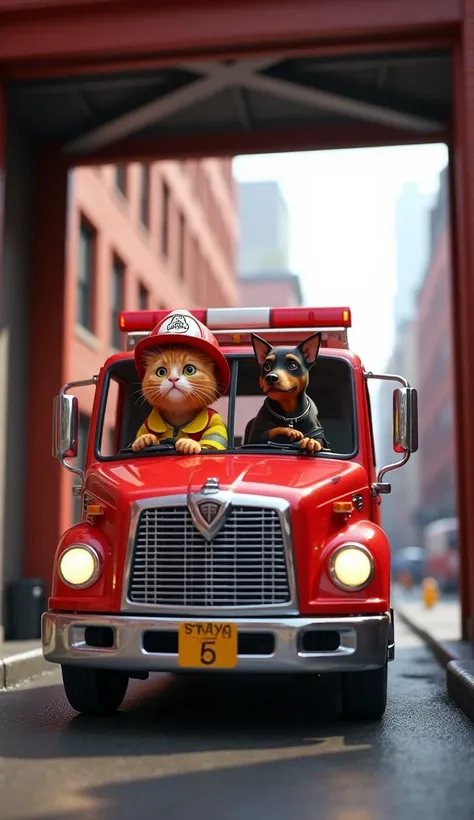 Generate a fire truck leaving your unit with an orange cat driving and next to the passenger a brown and black Dorman dog, both wearing firefighter suits and helmets.. and make the image realistic.