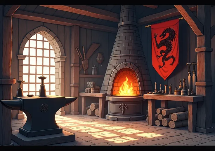 a forge, Forging place with an anvil and some forging tools in place, with a a dragon medieval flag, there was no one present , the furnace was burning, anime style 