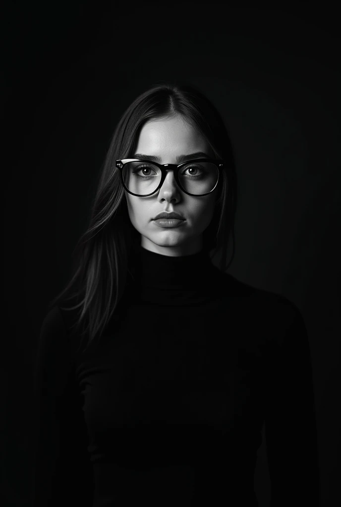 Young woman with glasses , dark black and white stage