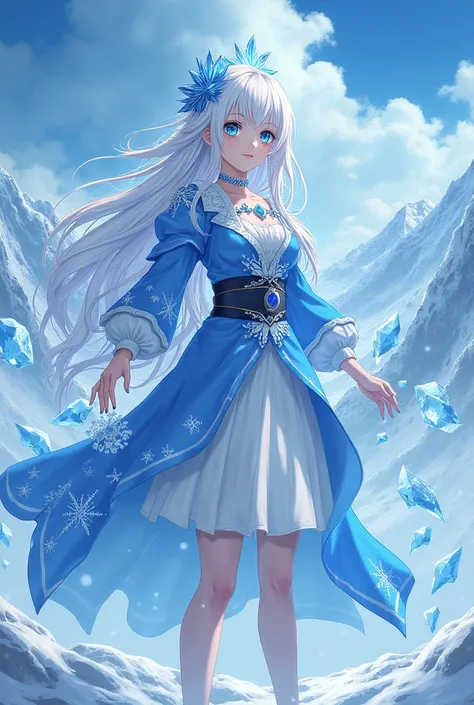 A female character in the style of Kimetsu, representing the element of ice ,  with long white hair and bright blue eyes 