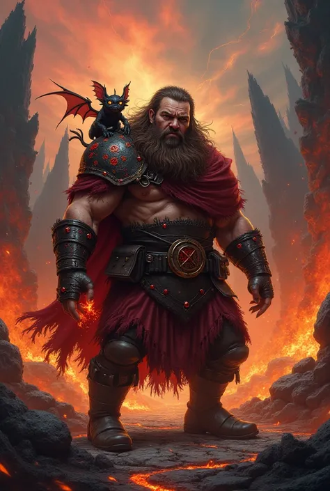 A fantasy art depiction of a dwarf warlock in a chaotic, fiery battle. He has a broad, stocky build, with crimson irises and runic tattoos along the side of his neck. His hair and beard are brown with streaks of red, and his fingers are slightly clawed. He...