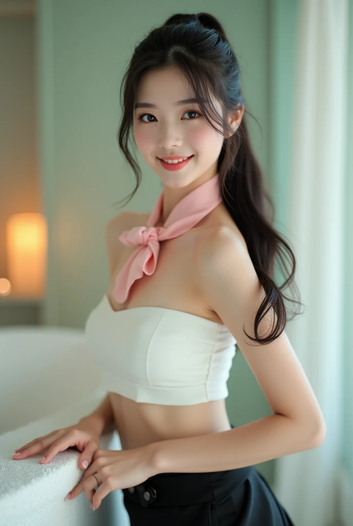 A beauty asian korean girl, ponytail hair,  sexy pose, wearing crop top white shirt, handkerchief pink pastel around the neck, mini black shirt,smile, at spa room