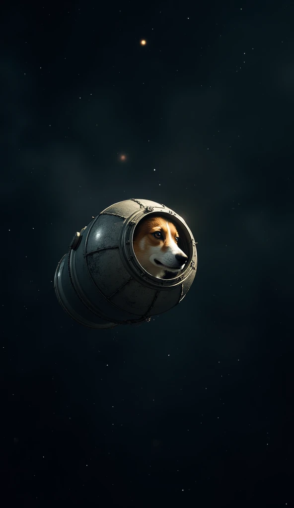 A hyper-realistic depiction of Sputnik 2 drifting through the dark void of space, lost and abandoned. The small metallic spacecraft, cylindrical with a weathered silver body, floats in the vast emptiness, surrounded by distant stars. A faint glow from Eart...