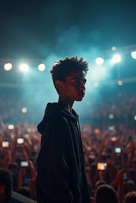 A boy on a stage doing an impromptu rap battle in front of millions of people with flashbulbs at night. 