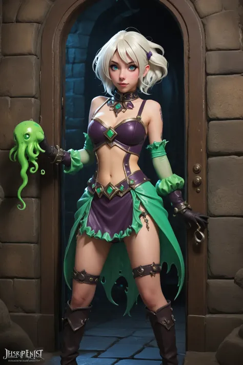 9subject 1: A gorgeous enchantress (cute, age 20, sexy small jester outfit, arcane tattoos, matching gloves, matching boots, platinum hair), struggle for her life0 in front of an an arcane door in a dungeon, the door has an intricate puzzle, (subject 2: te...