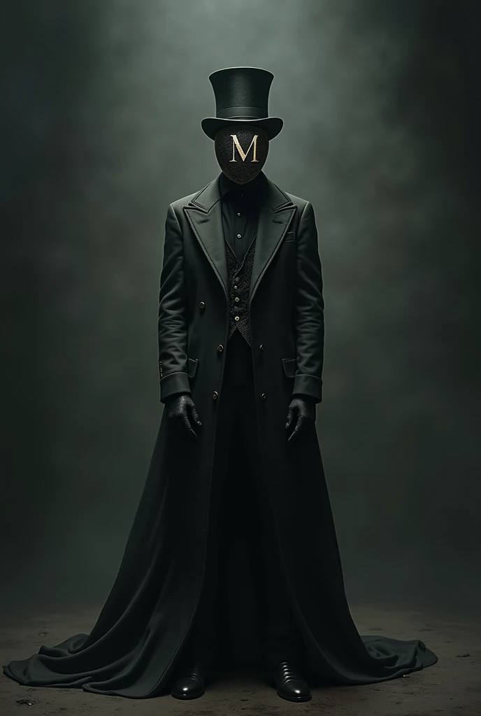 Male character wearing a dress dress and a top hat and an oval mask that covers his entire face and has an M placed on the mask while in the dark