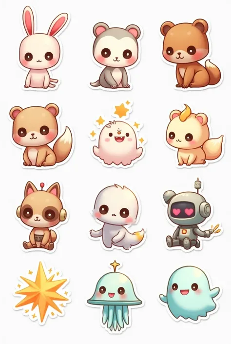 A charming sticker collection of 9 original chibi-style characters, including a shy bunny girl, a mischievous fox boy, a sleepy bear cub, a magical star sprite, a tiny robot with heart eyes, a floating jellyfish creature, and a smiling ghost. Each sticker ...