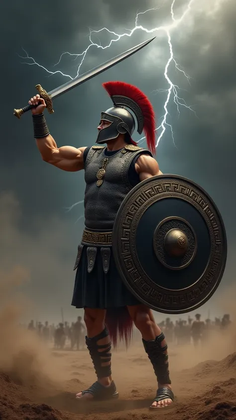 🧐."A highly detailed, ultra-realistic, and photorealistic 8K depiction of Ares, the Greek god of war, depicted as an armed Greek soldier. Ares is wearing a matte black armor with intricate Greek engravings covering his chestplate. He has a black tunic with...