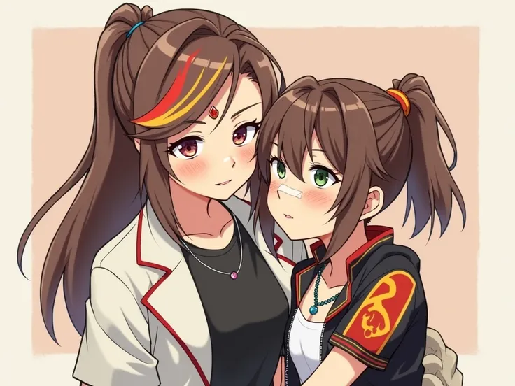 anime tomboy mother with ruby on forehead brown hair long white coat with short sleeves red trim black tank top with red trim and fox emblem underneath long brown hair with red and yellow highlights on the left of her hair tomboy hugging daughter brown hai...