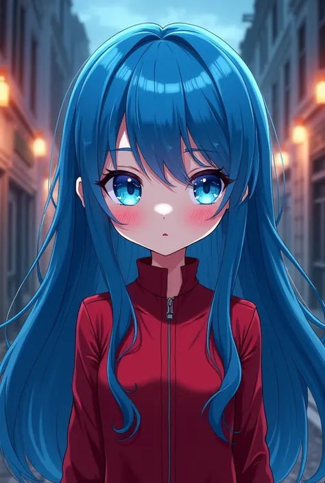 Little Loli vampire with long blue hair and shiny blue eyes wearing red clothes style anime personagem masculino