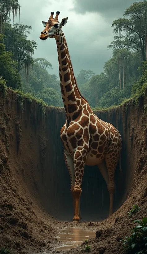 "A massive, pregnant giraffe, three times the size of an elephant, is trapped in a deep, muddy pit in the middle of a dense jungle. Her enormous belly presses against the slippery mud as her long legs sink into the wet ground. She extends her long neck hig...