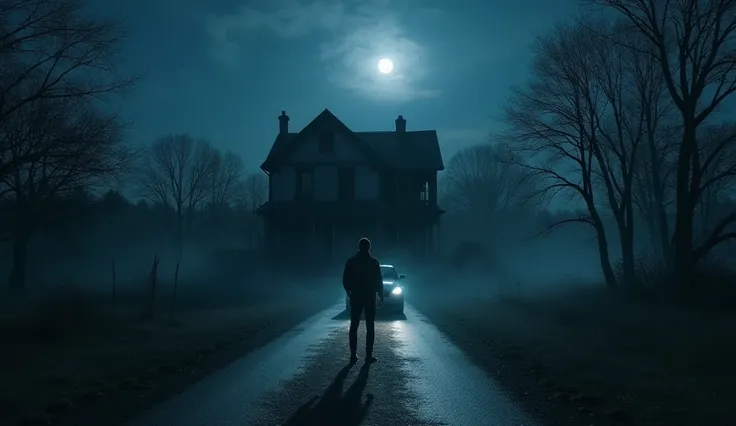 At night, in the middle of a deserted road, the man is standing in front of a haunted and abandoned house. The car is parked behind him, standing on the empty road, like a distant shadow. At home, in ruins, with broken windows and doors hanging off their h...