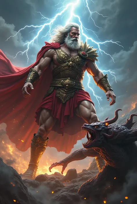 Create an image of Zeus in armor and various thunders and lightning killing a demon in 4k 