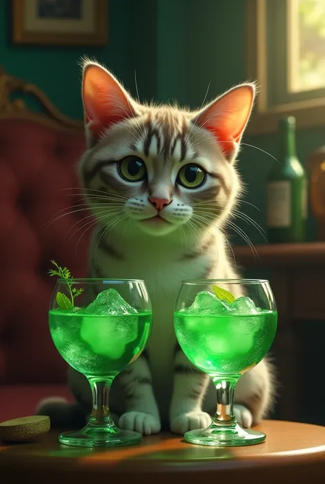 CAT WITH TWO GLASSES OF GREEN GIN