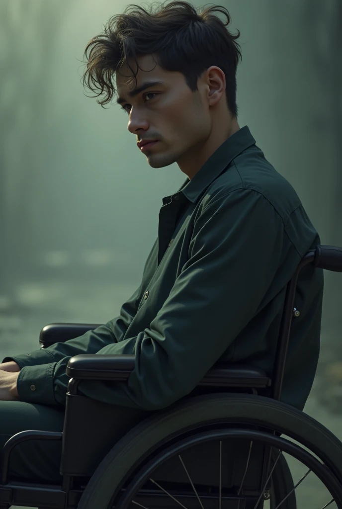 A handsome young man in a wheelchair with a sad look, Repentant and that I am in profile