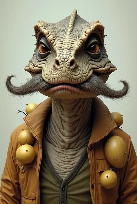 Moustache old dino with potato’s in jacket 