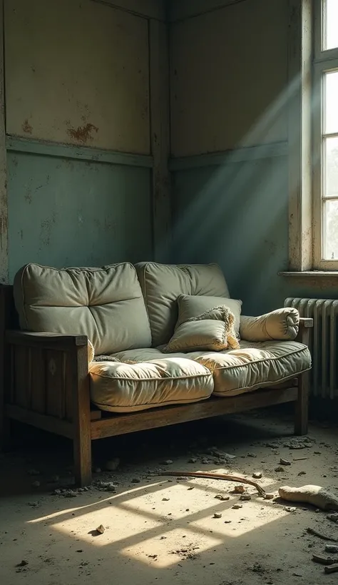 A dirty, broken sofa with a flimsy wooden frame and torn, stained fabric. The cushions are lumpy and misplaced, and the environment is dusty and cluttered. The sofa looks uncomfortable and neglected.