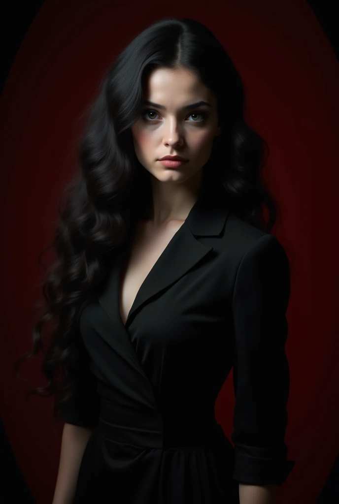  Creates the realistic image of a young woman with long wavy black hair, gray eyes and pale complexion wearing a black dress on a dark background, black with red and add a black vignette on the border. Make her look dangerous and a bit far away. 