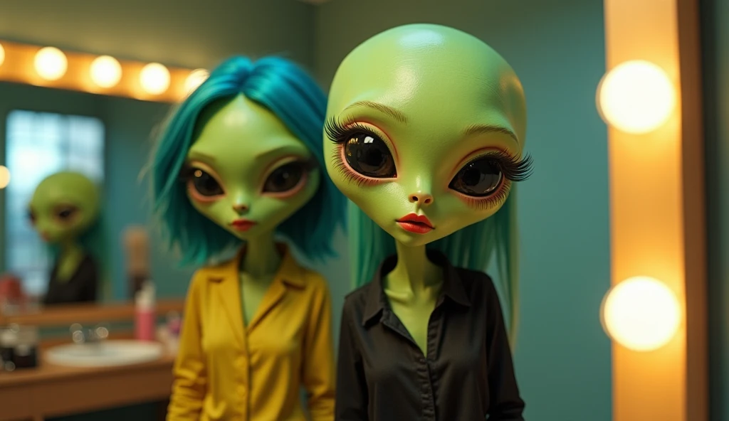 " Green aliens with flat heads and two absurd black eyes ,  it was in a beauty salon ,  casually dressed , wearing jeans and a black blouse, Another one in a yellow blouse. A female alien has shiny nails and exaggerated false eyelashes and red lipstick,  w...