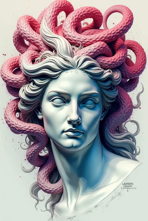 Michelangelo's sculpture of Medusa, the goddess of victory, and a modern interpretation in brush style, with fluorescent colors ,  anime-inspired facial features and surrealistic elements.  Only use white. white statue. 