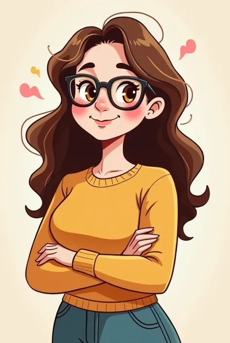 Cartoon of a 34 year old girl, short, white, with glasses,  long wavy brown hair ,  brown eyes, chubby 