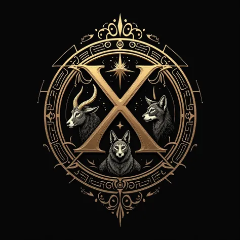 
 designs a logo for Custodes Aequilii with the acronym K .and.  related to mysticism and has 4 spiritual totems, ORYX, Elephant, Jackal cat 