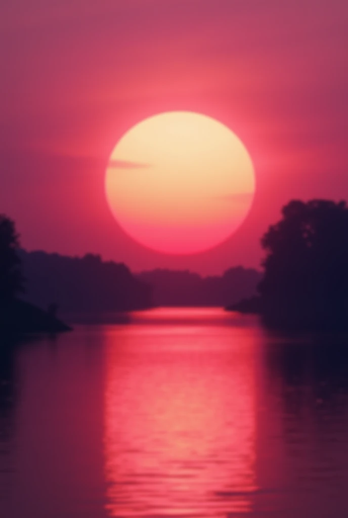  image of a sunset with many strong and blurred pink colors ,  orange and violet ,  the sun is giant and looks very nice its color has a lake in the middle of the image, It is clear and there is only water 