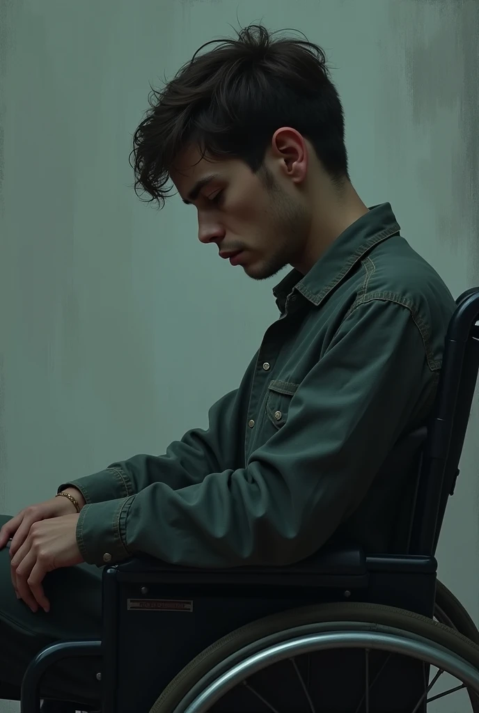 A handsome young man in a wheelchair looking super sorry, guilty and in profile