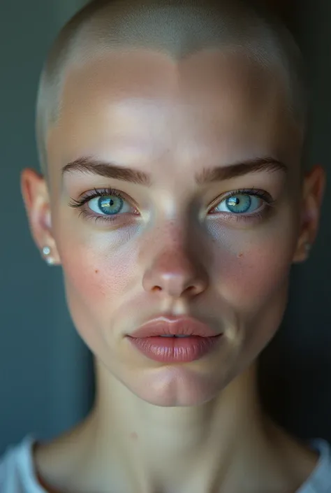 
"A hyper-realistic, ultra-detailed portrait of a young white woman with striking blue eyes and a completely bald head. Captured in 8K Ultra HD with cinematic lighting, ray tracing, and global illumination for lifelike depth. Her smooth skin showcases real...