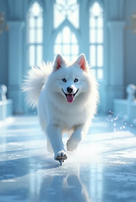 A cute white Samoyed dog is skating