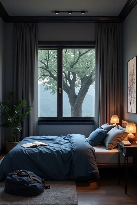 a first-floor men's bedroom in dark wood, navy blue and grey, with a window overlooking a tree, a double bed with a sketchbook open on the mattress, a backpack on the floor, a bedside table next to the bed with incense lit and a lamp on.