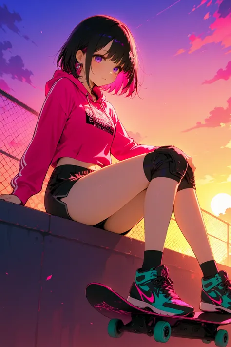 Sporty beautiful skateboarder girl、at the skate park at dusk、wearing a loose hoodie and shorts。street fashion that prioritizes ease of movement、she is swaying in the wind and bouncing energetically as she moves。her eyes are bright sky blue、reflecting her l...