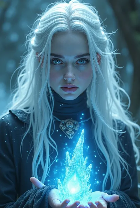 
Tabletop RPG character, witch,  white hair and icy skin,  Dark eyes. Ice magic dominates . Fictional face, That doesn't seem so human.  conjuring magic 
