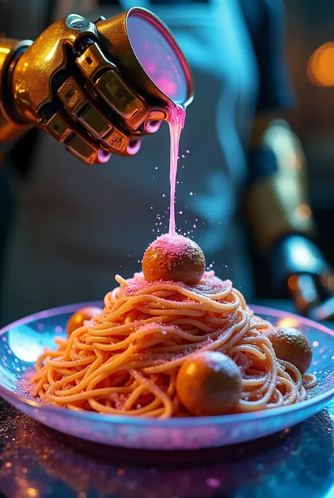 **" A plate of spaghetti pasta made of  * liquid rainbow *,  served in a translucent crystal bowl ,  with meatballs that shine like little suns. In the background,  a robotic chef with golden arms pours  * galaxy sauce * About the plate ,  creating color n...